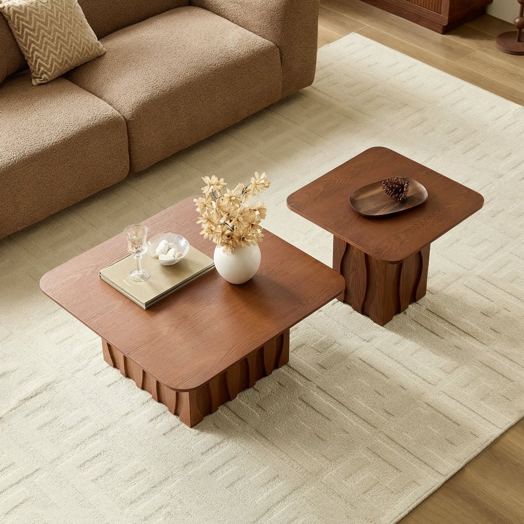 2PCS Nesting Square Coffee Table Set with Wavy Fluted Base - Image 2