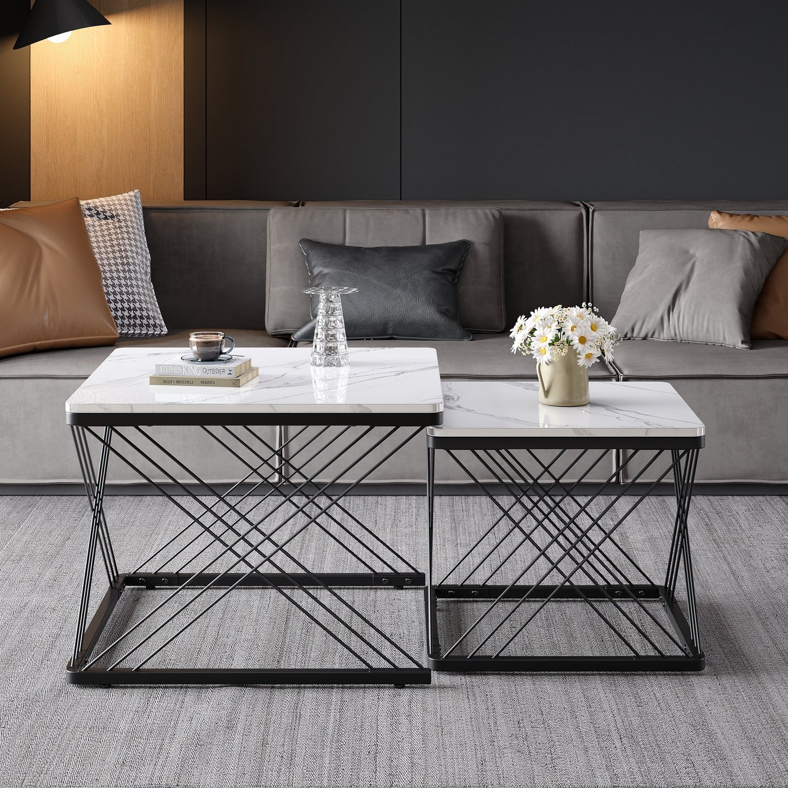 Stylish 2-Piece Square Coffee Table Set Marble Look - Image 3